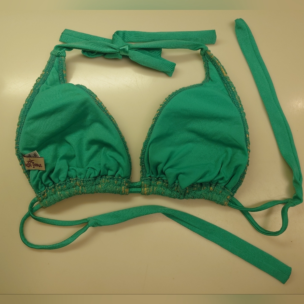 Flaw NWT Gold & Green LULI FAMA Crochet Halter Top DD Tie-Side Bikini SwimSuit M - Picture 11 of 15